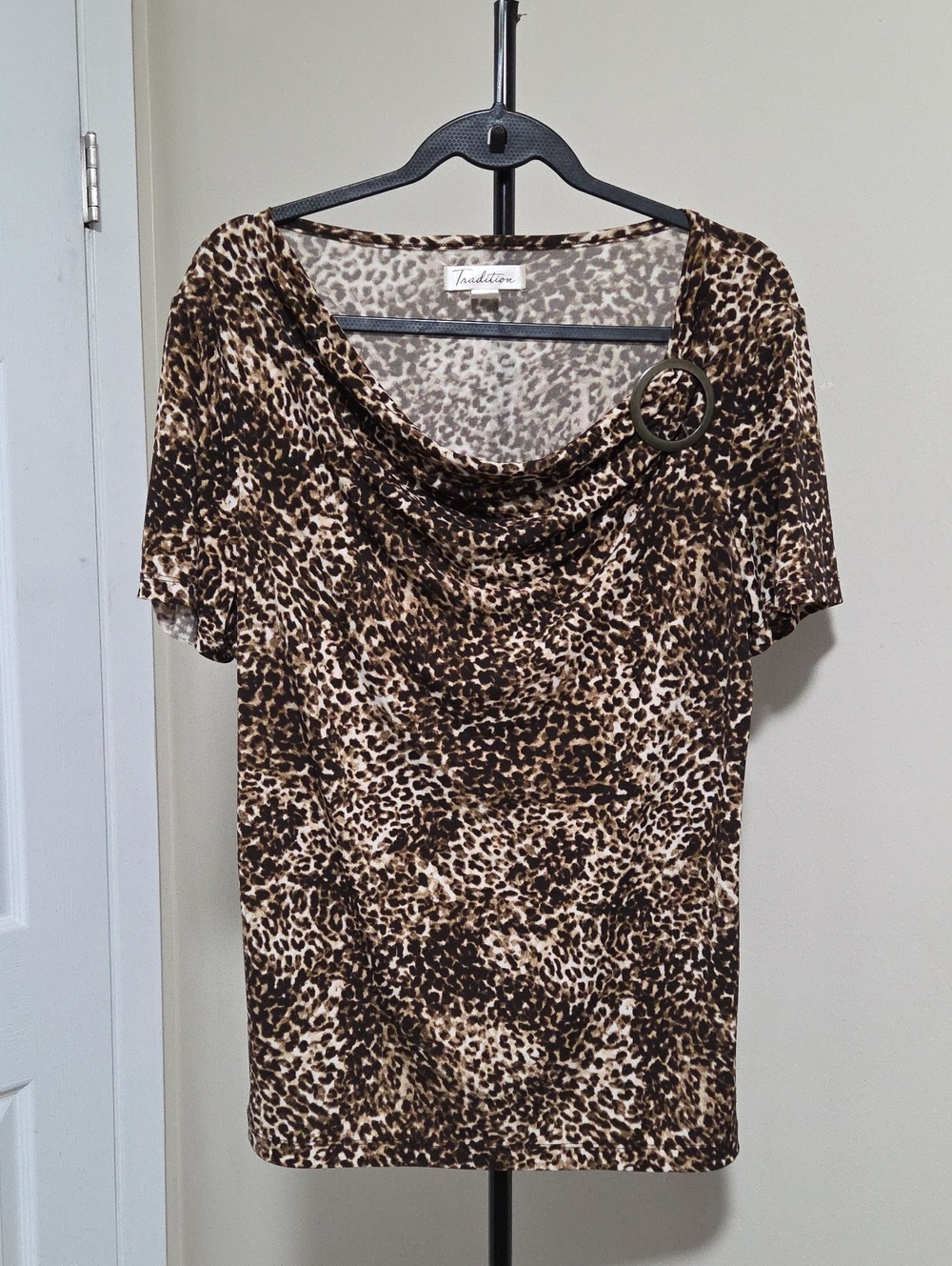 Tradition Cowl Neck Short Sleeve Top in Leopard Brown